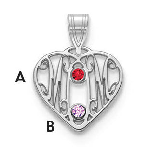 14K Weißgold 14kw Mama in Herz 2 Birthstones 18K Rhodiniert Bezels