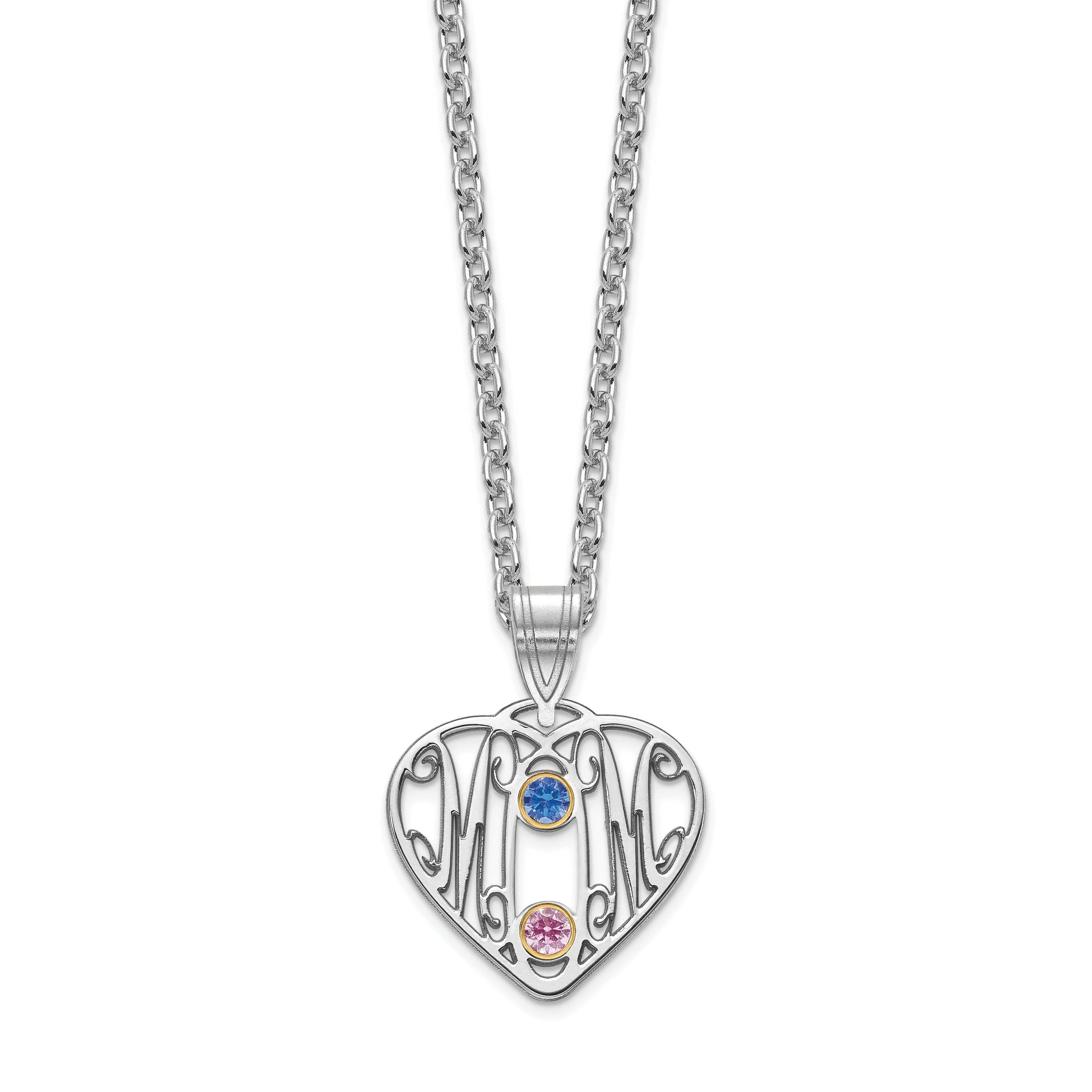 14K Weißgold 14kw Mama in Herz 2 Birthstones 18K Rhodiniert Bezels