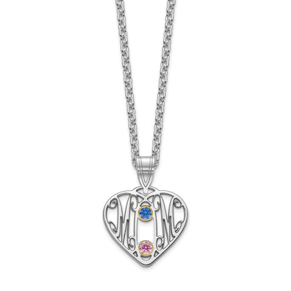 14K Weißgold 14kw Mama in Herz 2 Birthstones 18K Rhodiniert Bezels