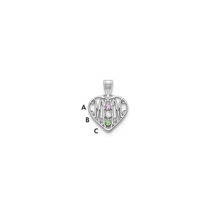 14K Weißgold 14kw Mama in Herz 3 Birthstones 18K Rhodiniert Bezels