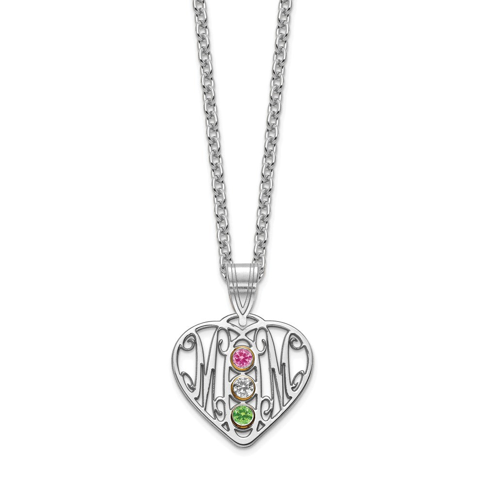 14K Weißgold 14kw Mama in Herz 3 Birthstones 18K Rhodiniert Bezels