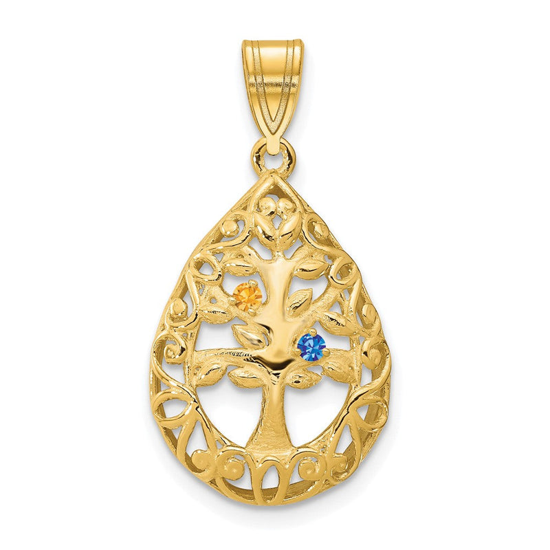 14K Gelbgold 14ky 2 Geburtsstein Baum Of Leben Tear Tropfen Anhänger
