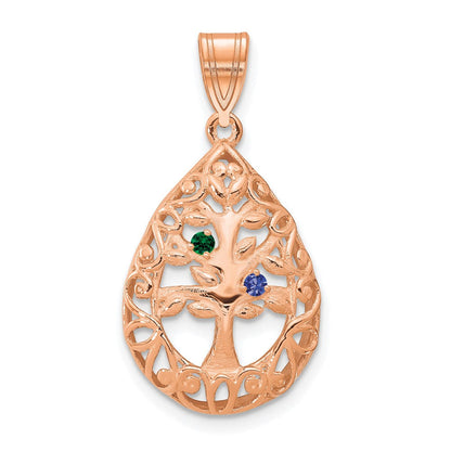 14K Roségold 2 Geburtsstein Baum Of Leben Tear Tropfen Anhänger