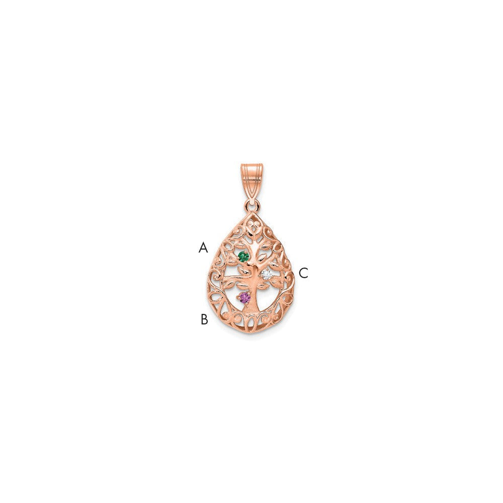14K Roségold 3 Geburtsstein Baum Of Leben Tear Tropfen Anhänger