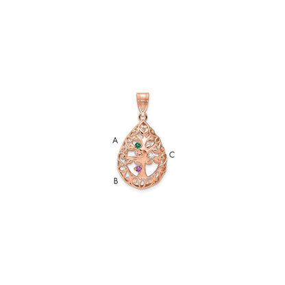 14K Roségold 3 Geburtsstein Baum Of Leben Tear Tropfen Anhänger