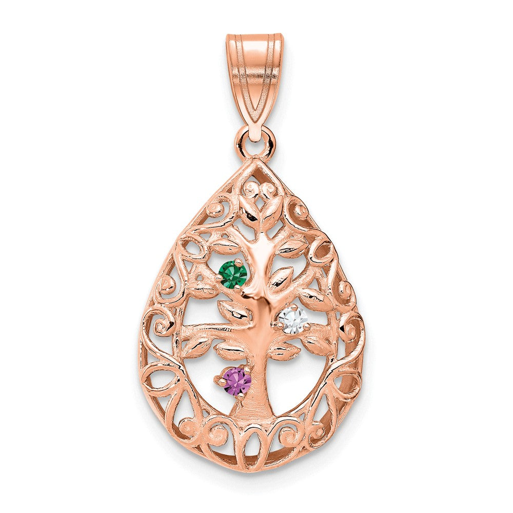 14K Roségold 3 Geburtsstein Baum Of Leben Tear Tropfen Anhänger