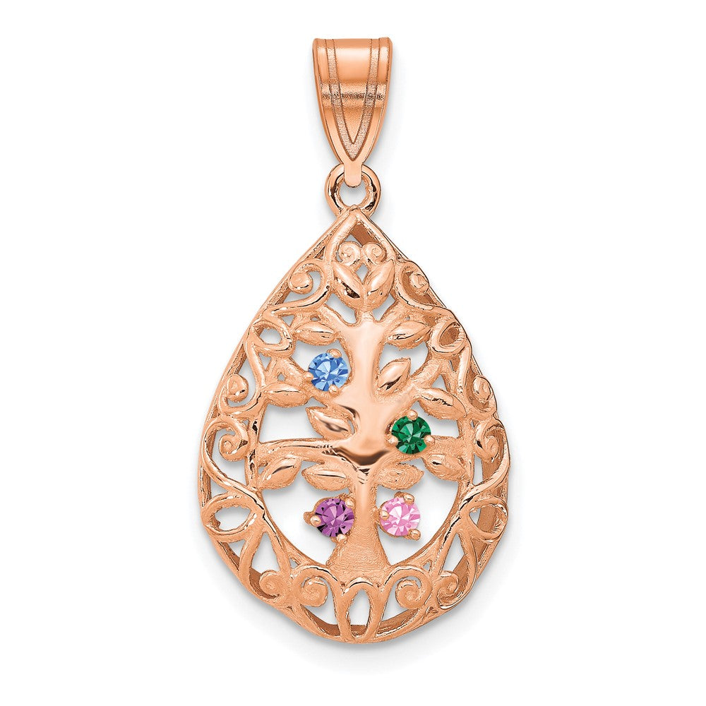14K Roségold 4 Geburtsstein Baum Of Leben Tear Tropfen Anhänger