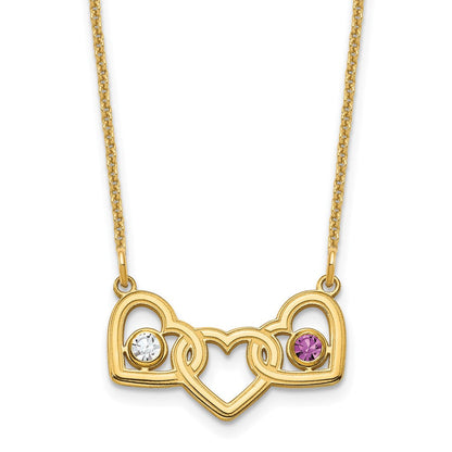 14K Gelbgold 14ky 3 Herzen 2 Birthstones mit Zargenfassung Halskette