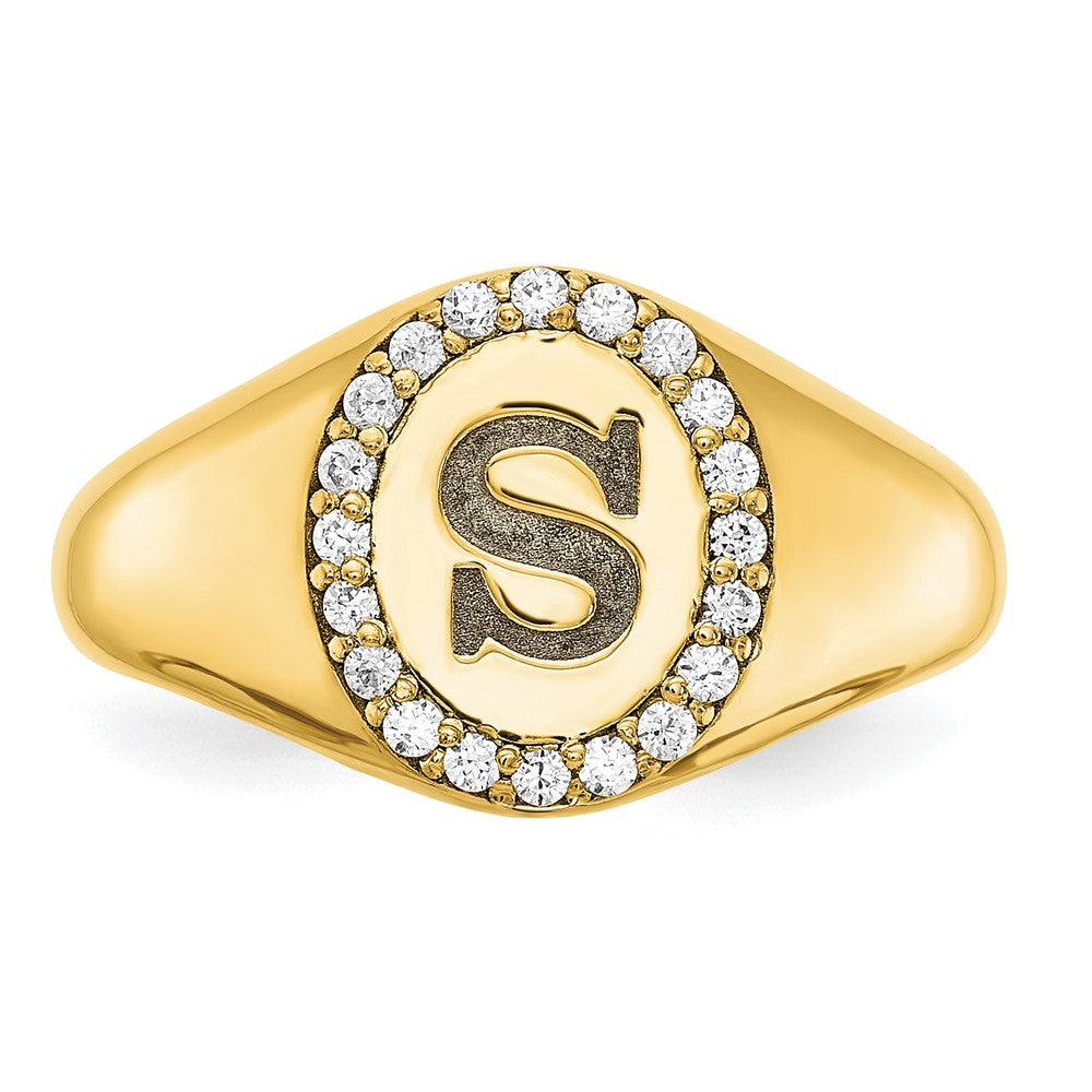 14K Gelbgold Ovaler Siegelring mit Initiale und echten Diamanten im klassischen Stil