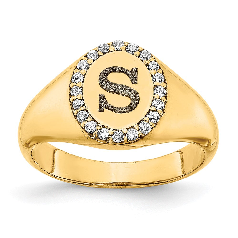 14K Gelbgold Ovaler Siegelring mit Initiale und echten Diamanten im klassischen Stil