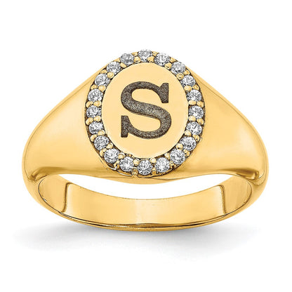 14K Gelbgold Ovaler Siegelring mit Initiale und echten Diamanten im klassischen Stil