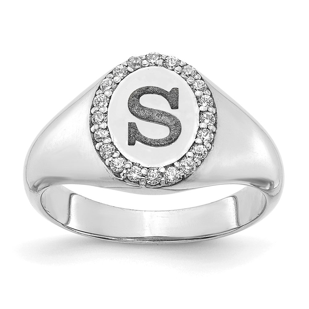 14K Weißgold Siegelring mit ovalem Initial und echtem Diamant, klassisch