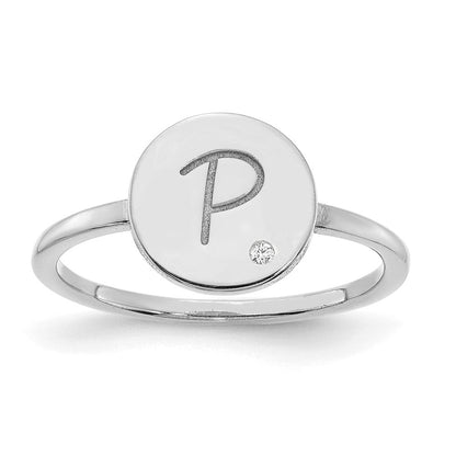14K Weißgold Siegelring mit Kreis-Initiale und echtem Diamant