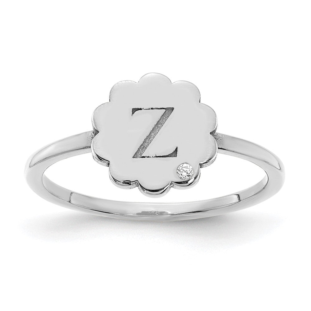14K Weißgold Siegelring mit Initiale, Blume und echtem Diamant