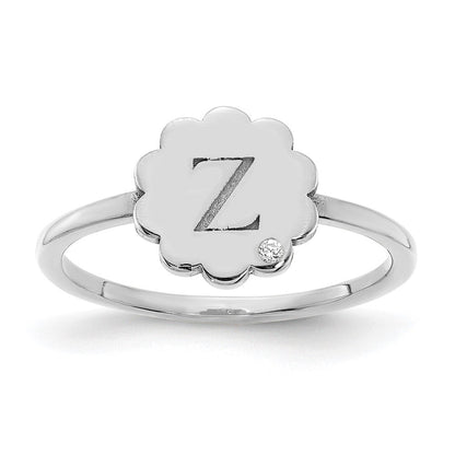 14K Weißgold Siegelring mit Initiale, Blume und echtem Diamant