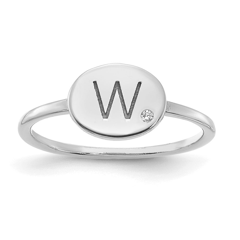 14K Weißgold Siegelring mit Initiale, Oval und echtem Diamant