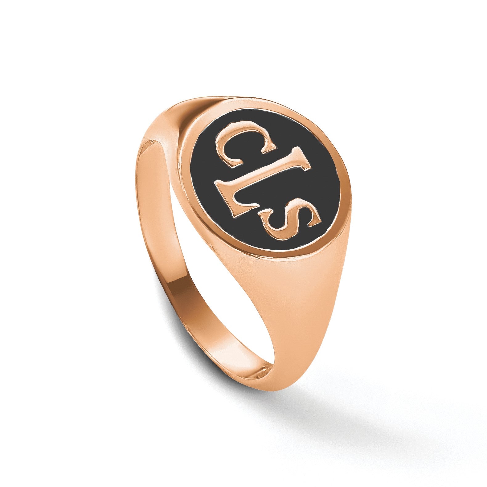14K Roségold Siegelring, poliert, mit antikisiertem Hintergrund und Monogramm
