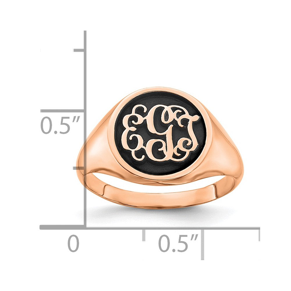 14K Roségold Ring, poliert mit antikisiertem Monogramm-Hintergrund