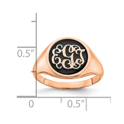 14K Roségold Ring, poliert mit antikisiertem Monogramm-Hintergrund