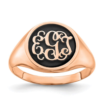 14K Roségold Ring, poliert mit antikisiertem Monogramm-Hintergrund
