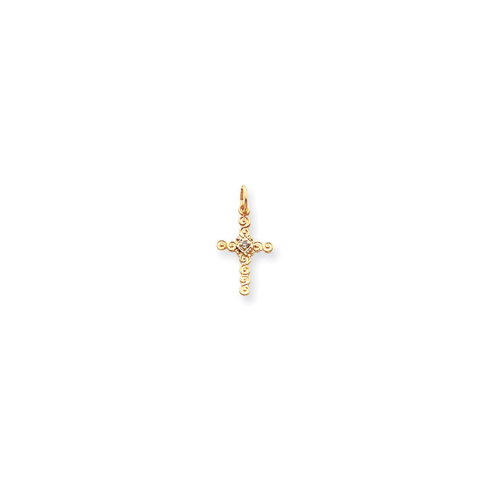 14K Gelbgold Kleiner AA Echter Diamant Kreuz-Charm
