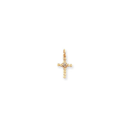14K Gelbgold Kleiner AA Echter Diamant Kreuz-Charm