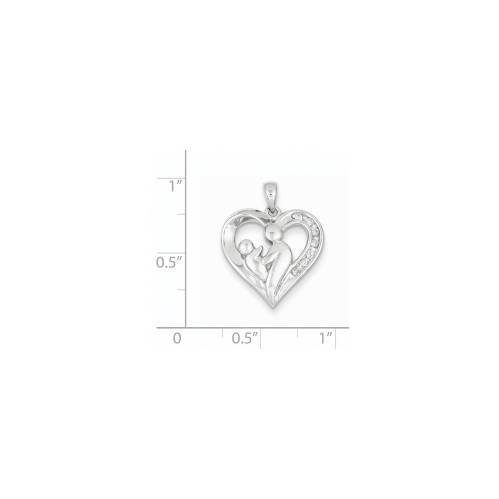 14K Weißgold Herz-Anhänger mit echten Diamanten, Mutter und Kind