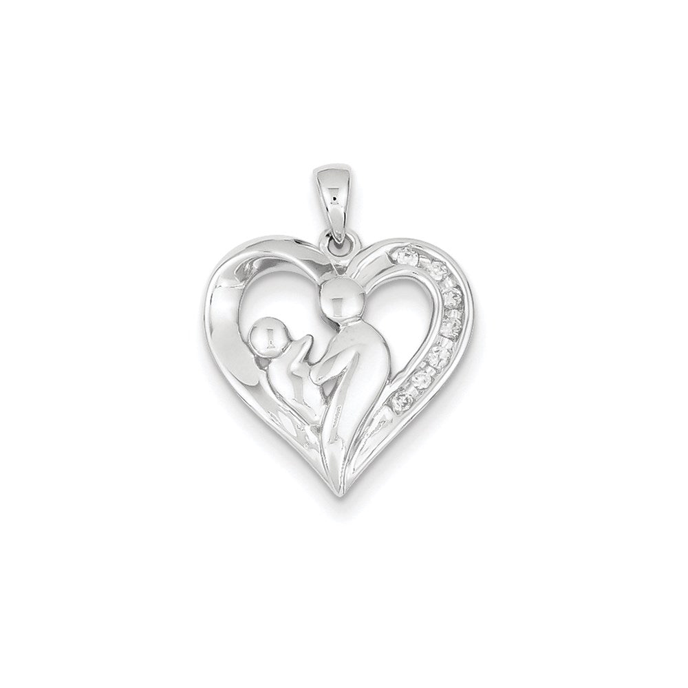 14K Weißgold Herz-Anhänger mit echten Diamanten, Mutter und Kind