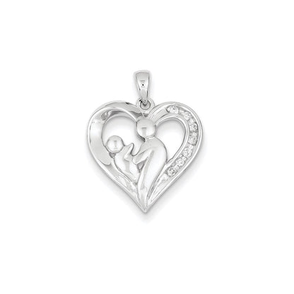14K Weißgold Herz-Anhänger mit echten Diamanten, Mutter und Kind