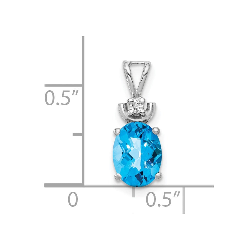 14K Weißgold Anhänger mit 8x6 mm ovalem Blautopas im Schachbrettschliff, AA-Qualität, und Diamant