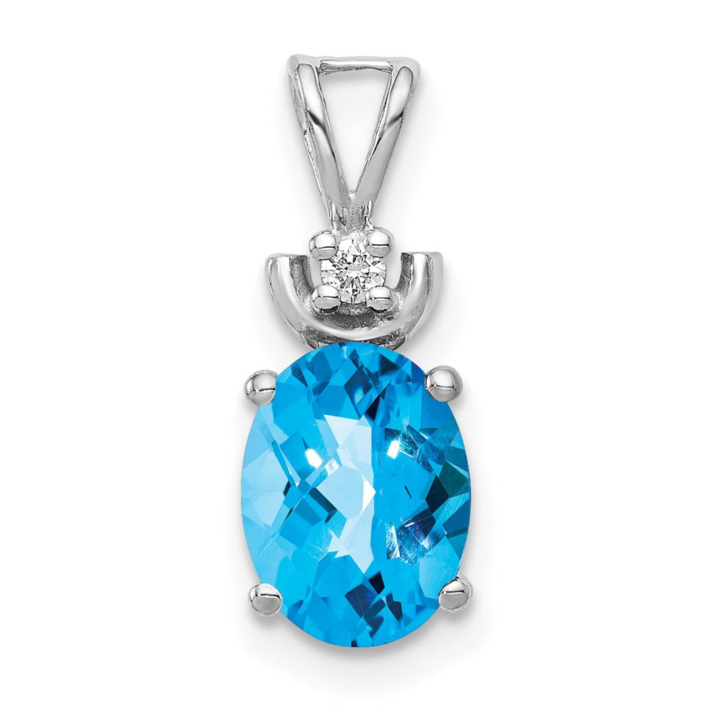 14K Weißgold Anhänger mit 8x6 mm ovalem Blautopas im Schachbrettschliff und Diamant