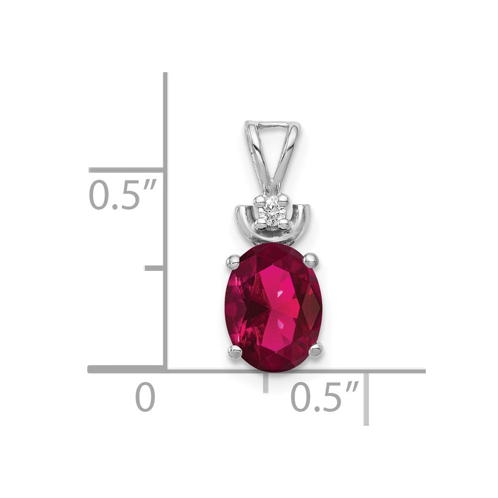 14 Karat Weißgold Anhänger mit ovalem 8x6 mm synthetischem Rubin AA und echten Diamanten