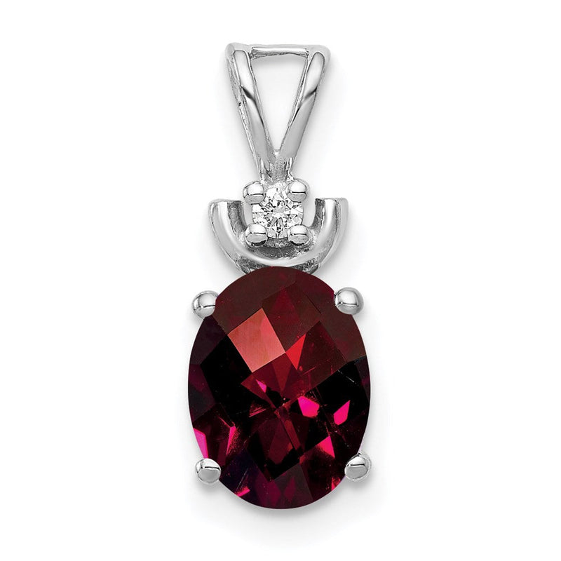 14K-Weißgold-Anhänger mit 8x6-mm-Granat im Schachbrettschliff, oval, und Diamant