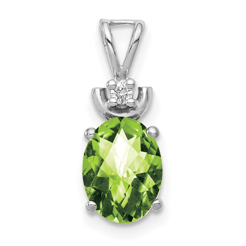14K Weißgold Anhänger mit ovalem 8x6 mm Peridot im Schachbrettschliff, AAA, und Diamanten
