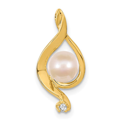 14K Gelbgold 5.5mm Weiß Rund Süßwasser Zuchtperle Aaa Diamant Anhänger
