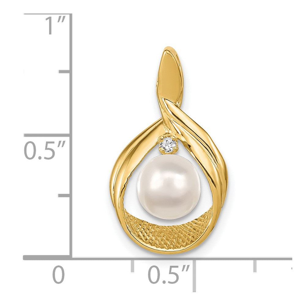 14K Gelbgold 7mm Weiß Rund Süßwasser Zuchtperle Aa Diamant Anhänger