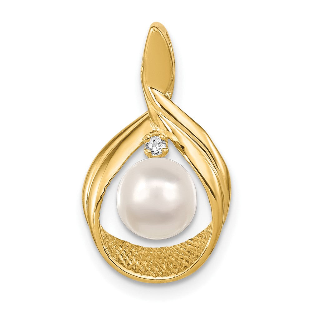 14K Gelbgold 7mm Weiß Rund Süßwasser Zuchtperle Aa Diamant Anhänger