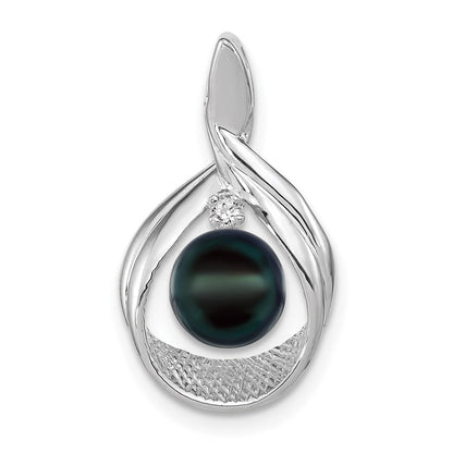 14k Weißgold 7mm Schwarze FW Gezüchtete Perle AA Echter Diamant Anhänger