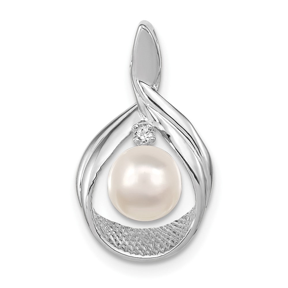 14K Weißgold 7mm Rund Süßwasser Zuchtperle Aa Diamant Anhänger