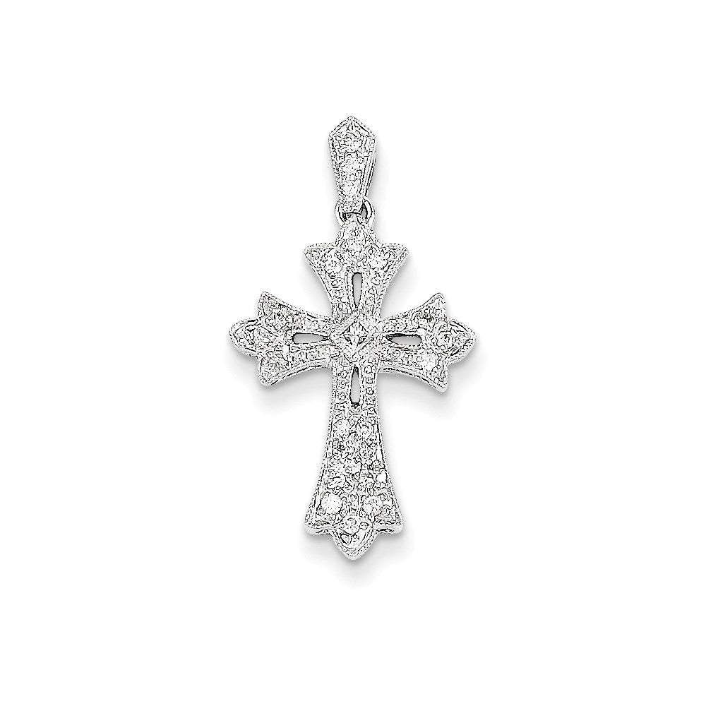 14k Weißgold Fleur-de-Lis Diamant-Kreuz-Anhänger (echter Diamant)