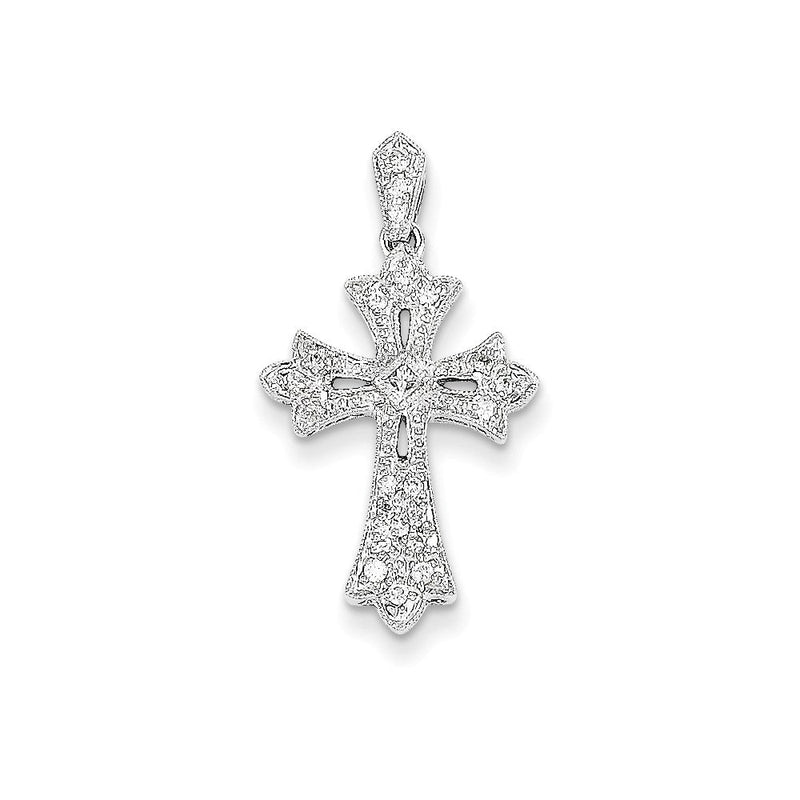 14k Weißgold Fleur-de-Lis Diamant-Kreuz-Anhänger (echter Diamant)