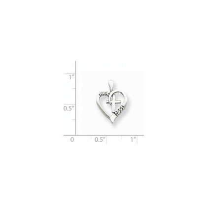 14K Weißgold-Anhänger mit Herz und Kreuz, besetzt mit AA-Diamanten