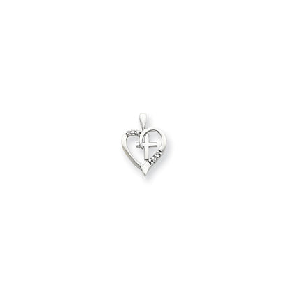 14K Weißgold-Anhänger mit Herz und Kreuz, besetzt mit AA-Diamanten