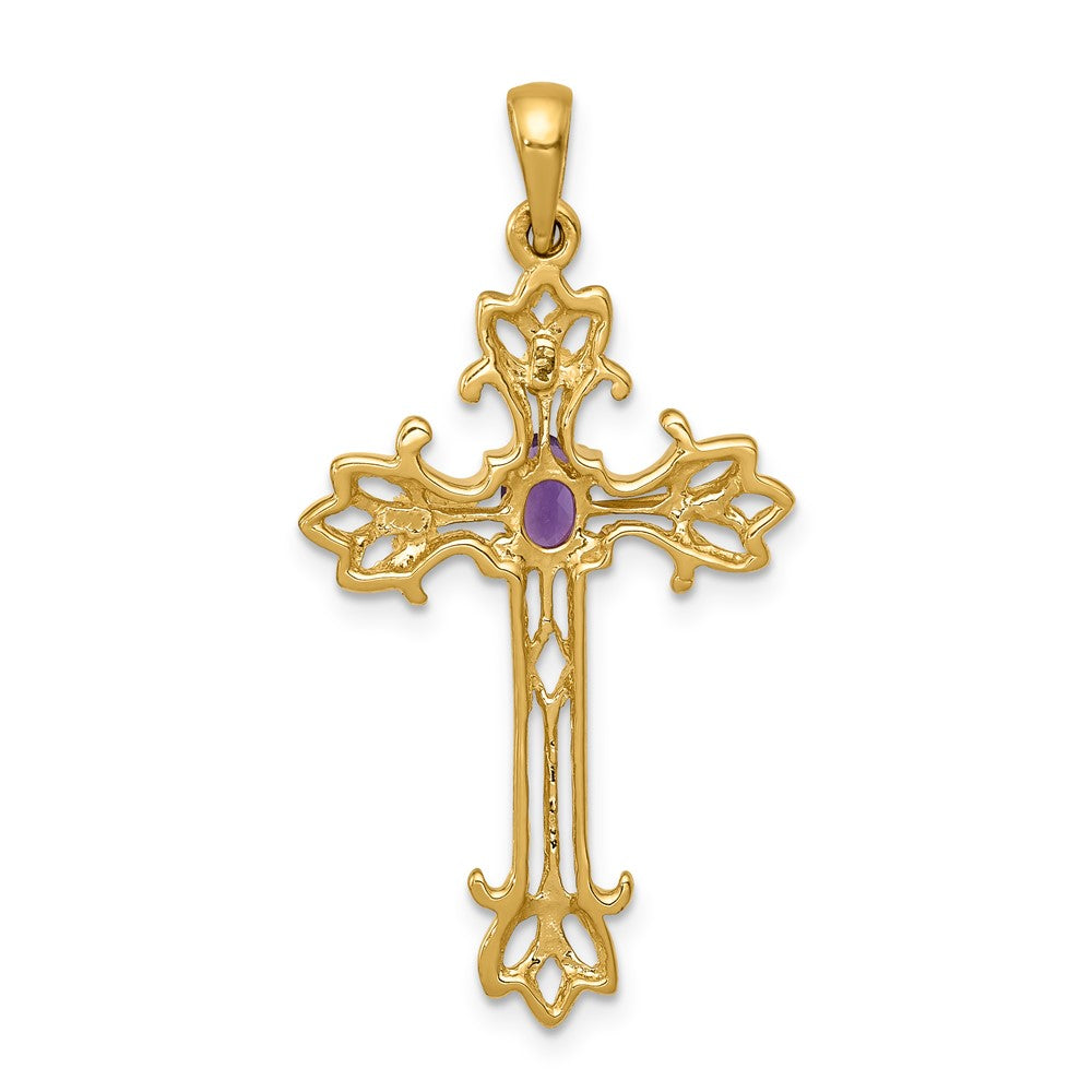 14K Gelbgold Poliert Amethyst Kreuz Anhänger