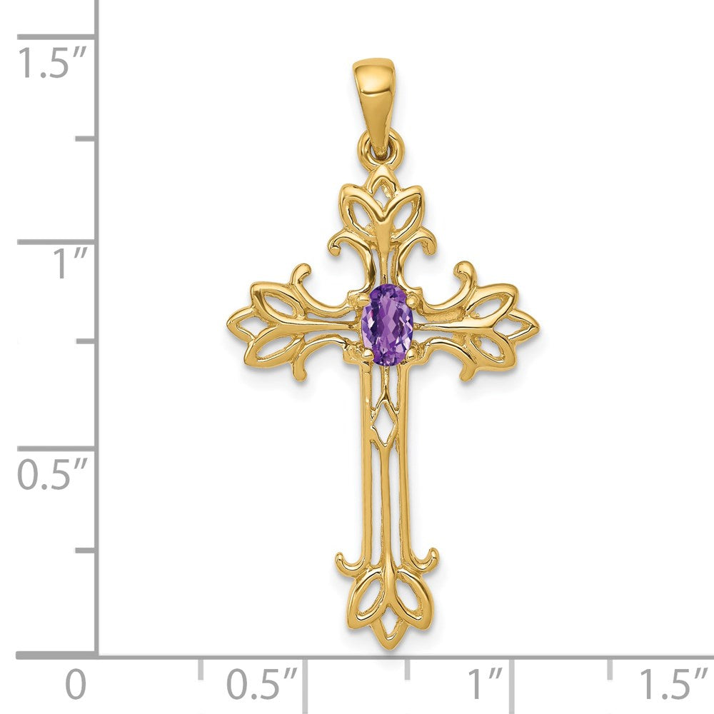 14K Gelbgold Poliert Amethyst Kreuz Anhänger