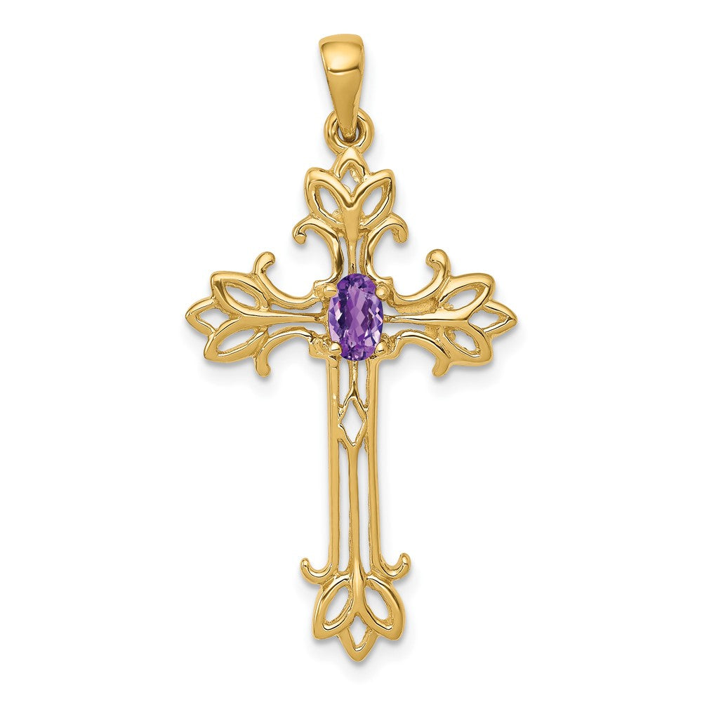 14K Gelbgold Poliert Amethyst Kreuz Anhänger