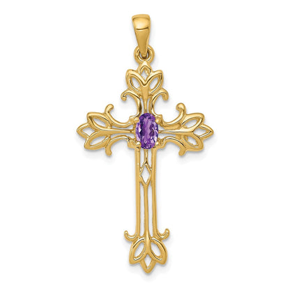 14K Gelbgold Poliert Amethyst Kreuz Anhänger