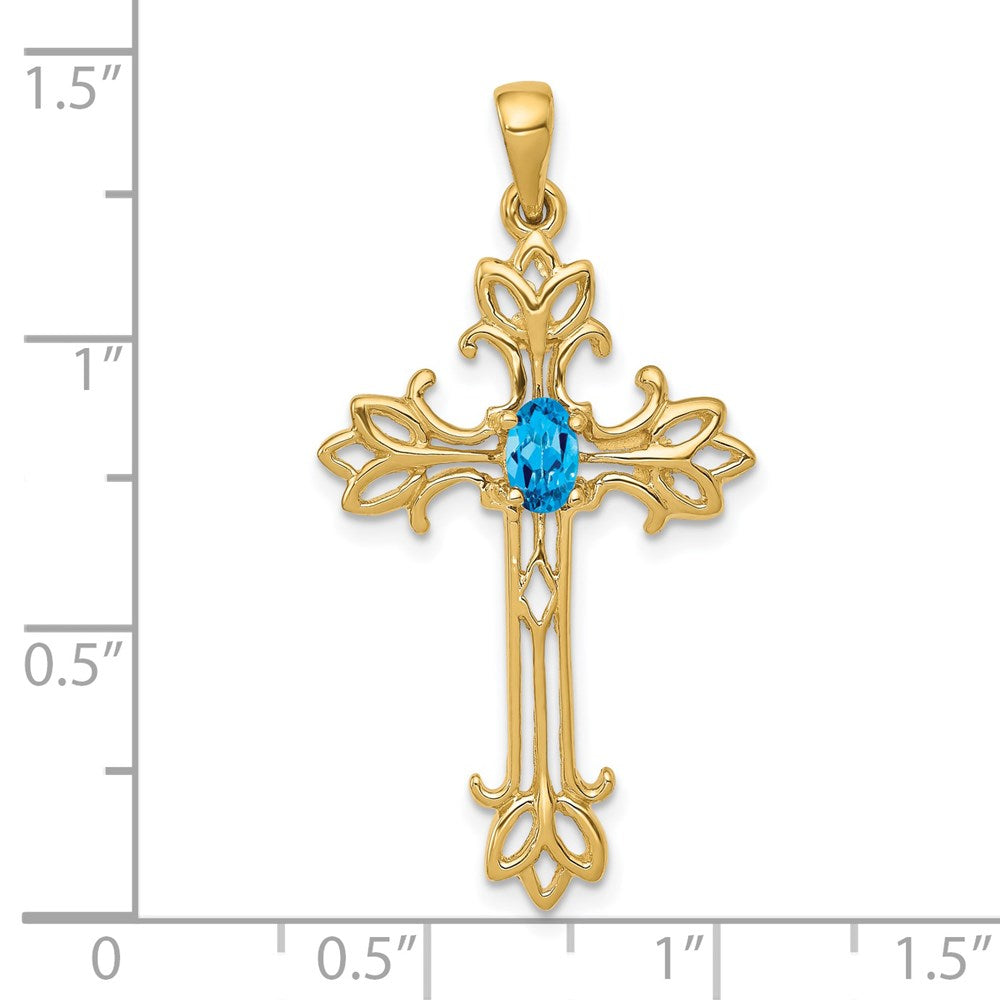 14k Gelbgold Anhänger mit ovalem 5x3mm Blautopas-Kreuz