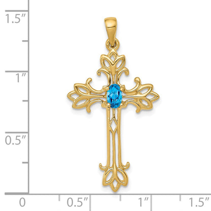 14k Gelbgold Anhänger mit ovalem 5x3mm Blautopas-Kreuz