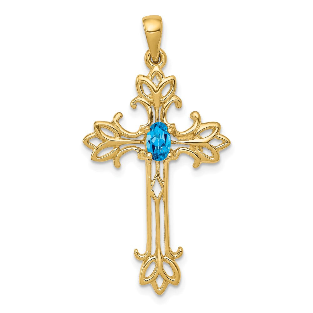 14k Gelbgold Anhänger mit ovalem 5x3mm Blautopas-Kreuz